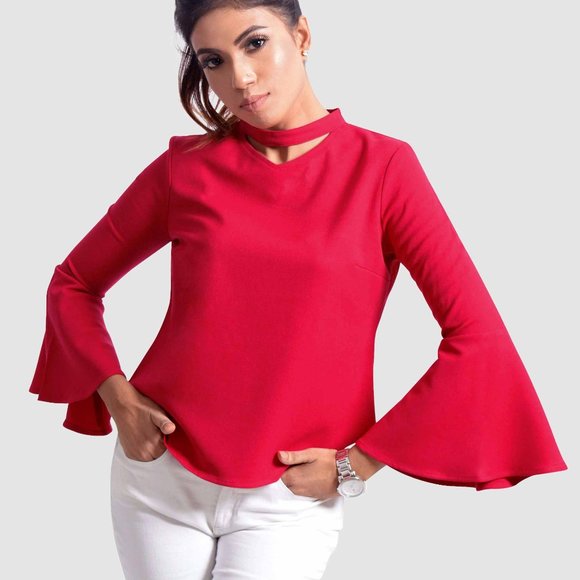 OLGYN Women’s Bell-Sleeve Red Top - Picture 3 of 5